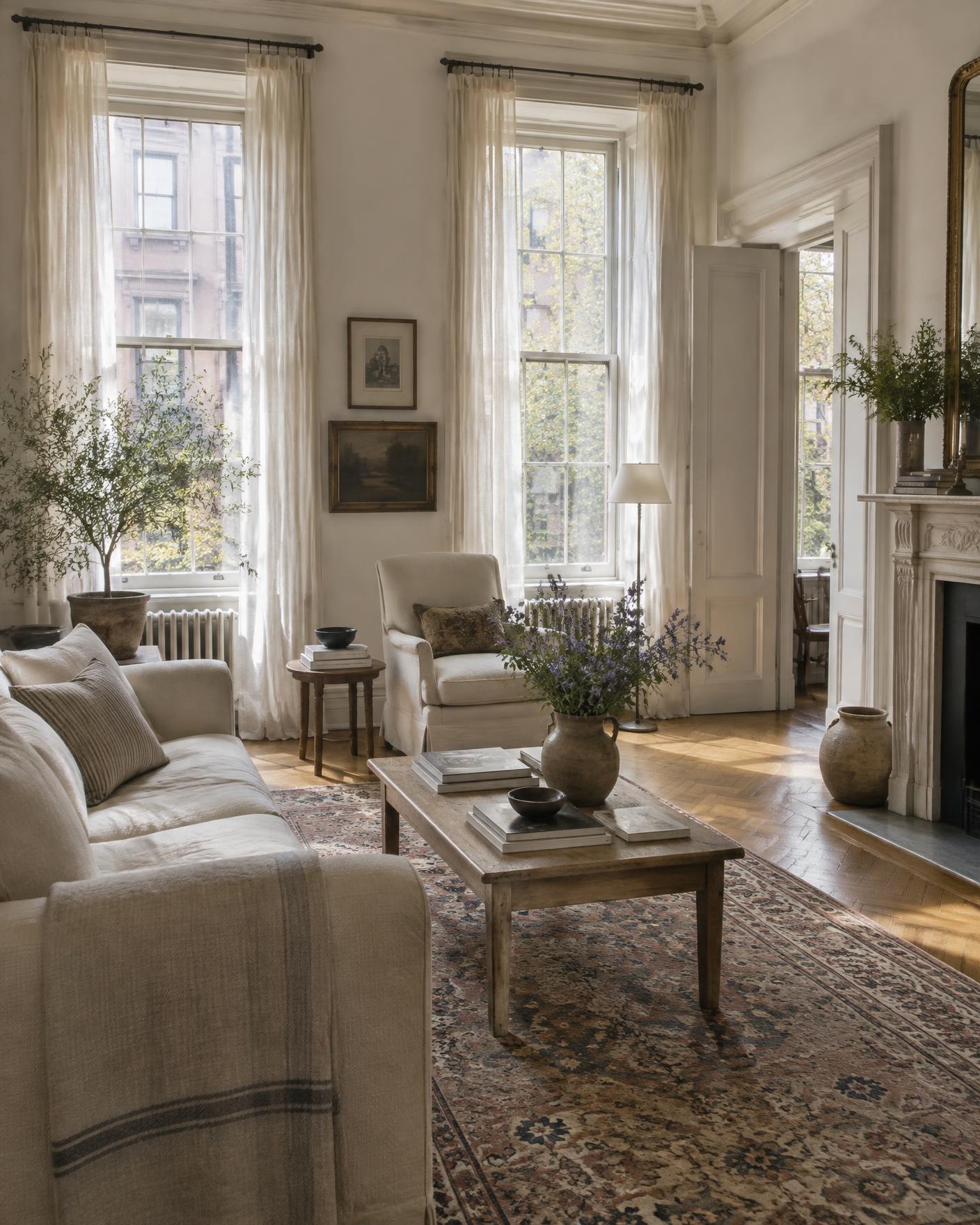 A drawing room with tall sash windows, books, and a marble fireplace