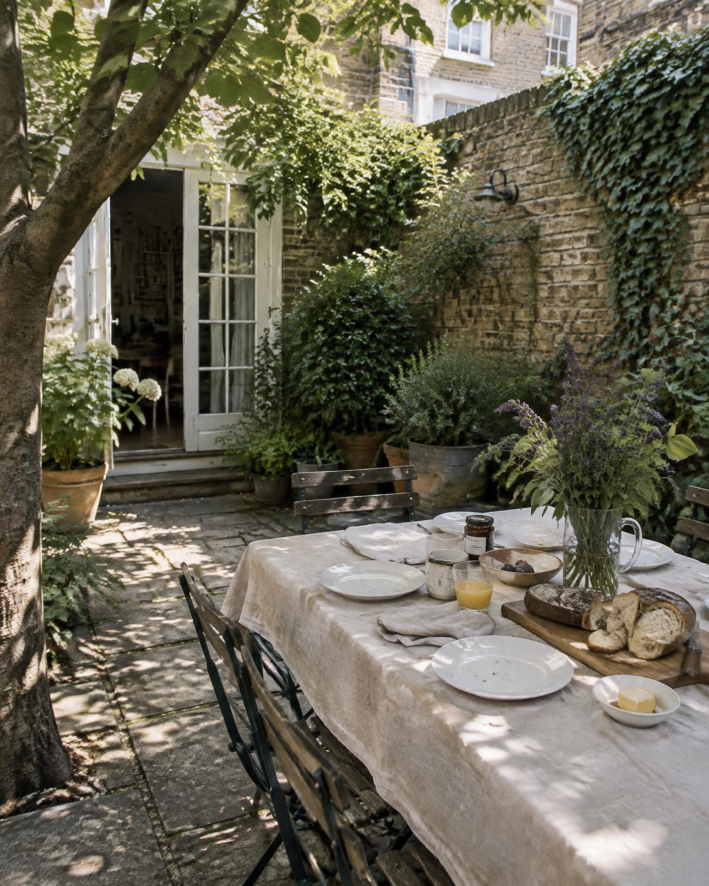 A residential dining table set with candles and bread