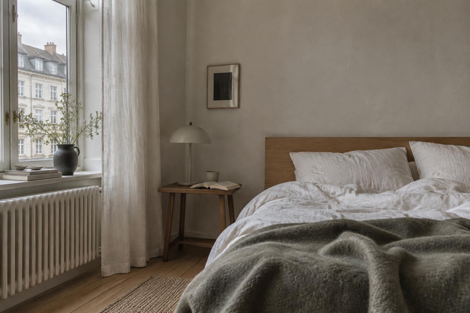 A quiet bedroom with linen bedding, oak, and soft northern light