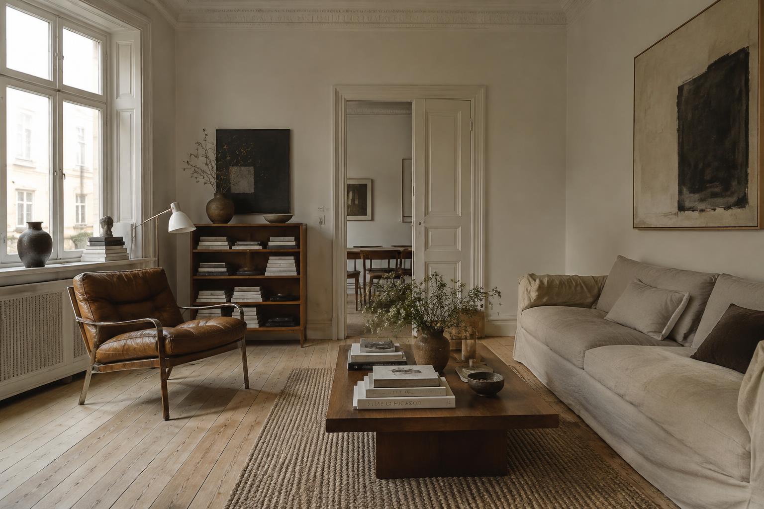 A pale sitting room with oak floors, linen seating, books, and tall windows
