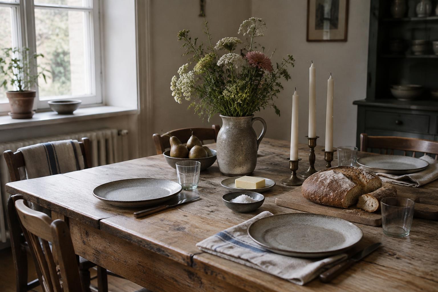 A simple supper table with stoneware, bread, and market flowers