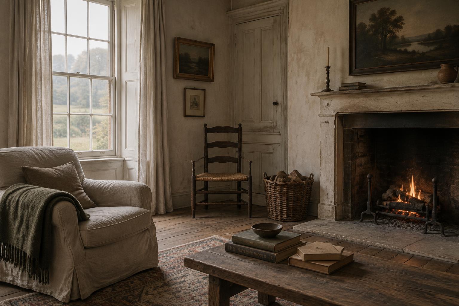 A quiet drawing room with linen curtains, worn boards, books, and a low fire