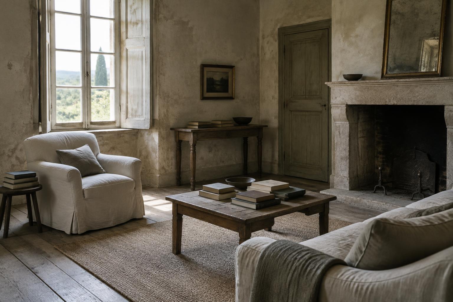 A quiet sitting room with limewashed plaster, worn timber floors, linen seating, and books