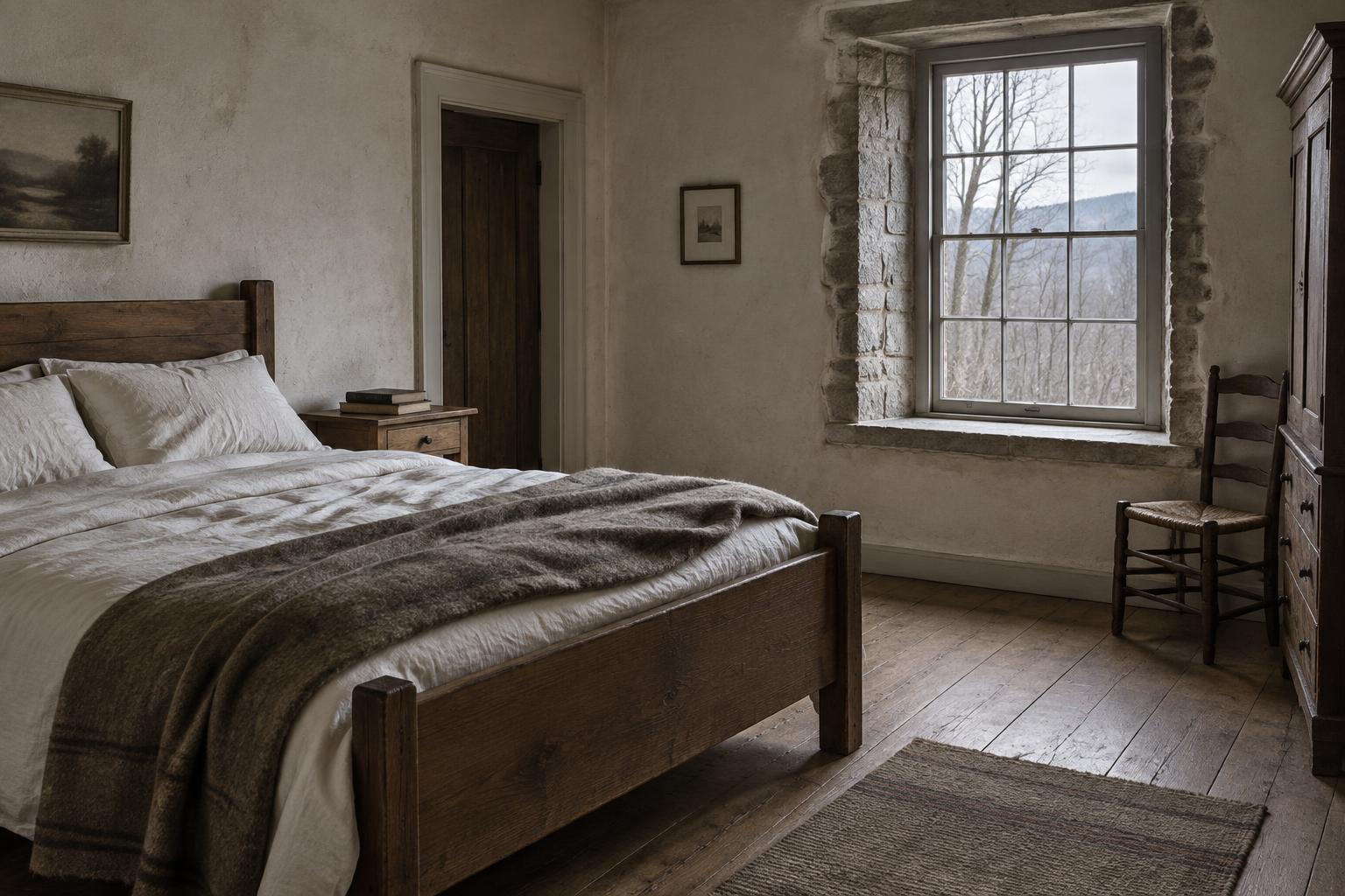 A plain timber bed, linen, and a wool blanket in a plastered bedroom