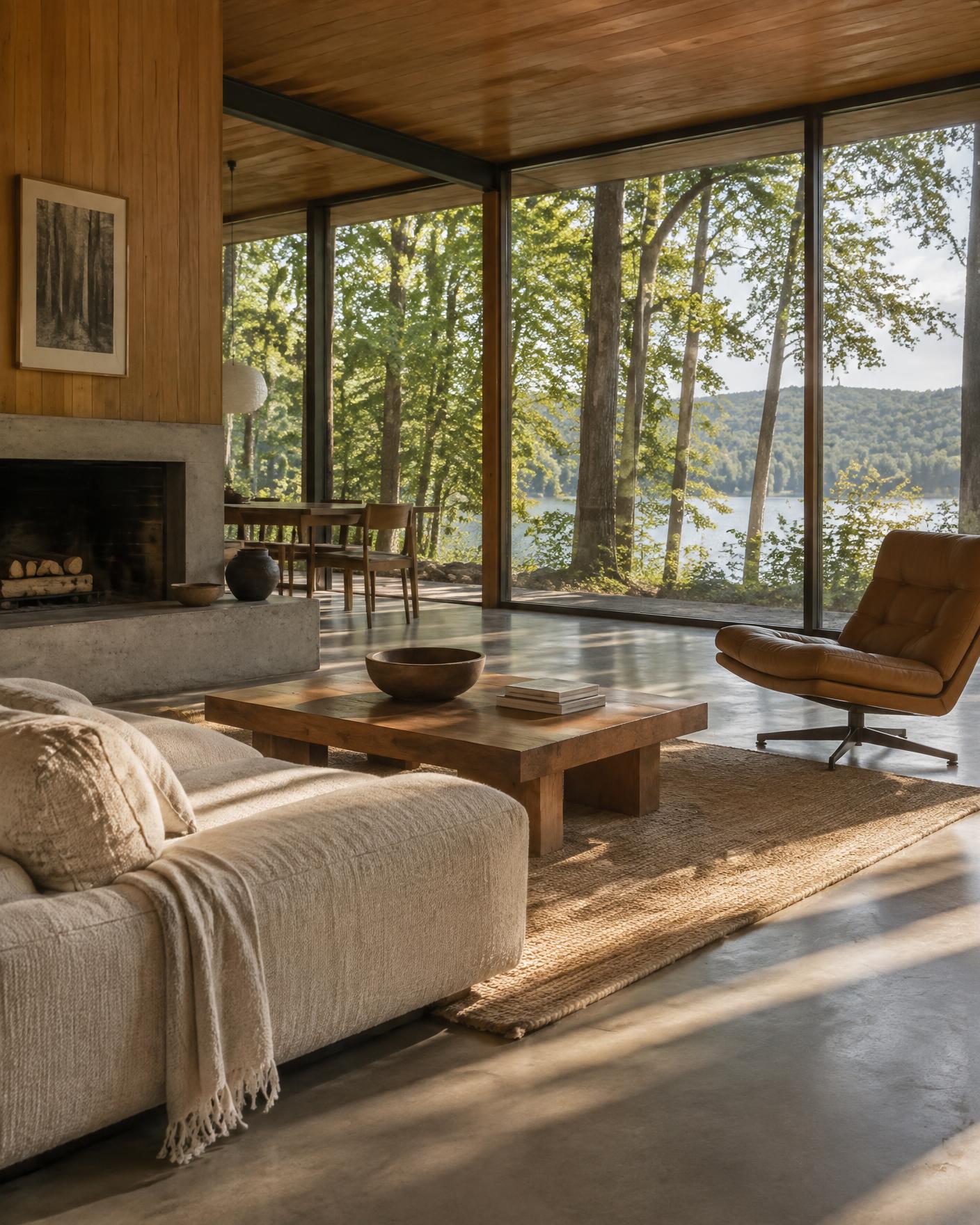 A stone fireplace, wool throws, and rain on deep windows