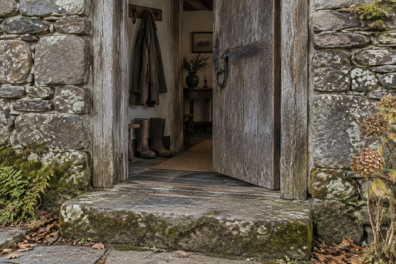 A weathered timber door, worn stone step, and boots at the threshold