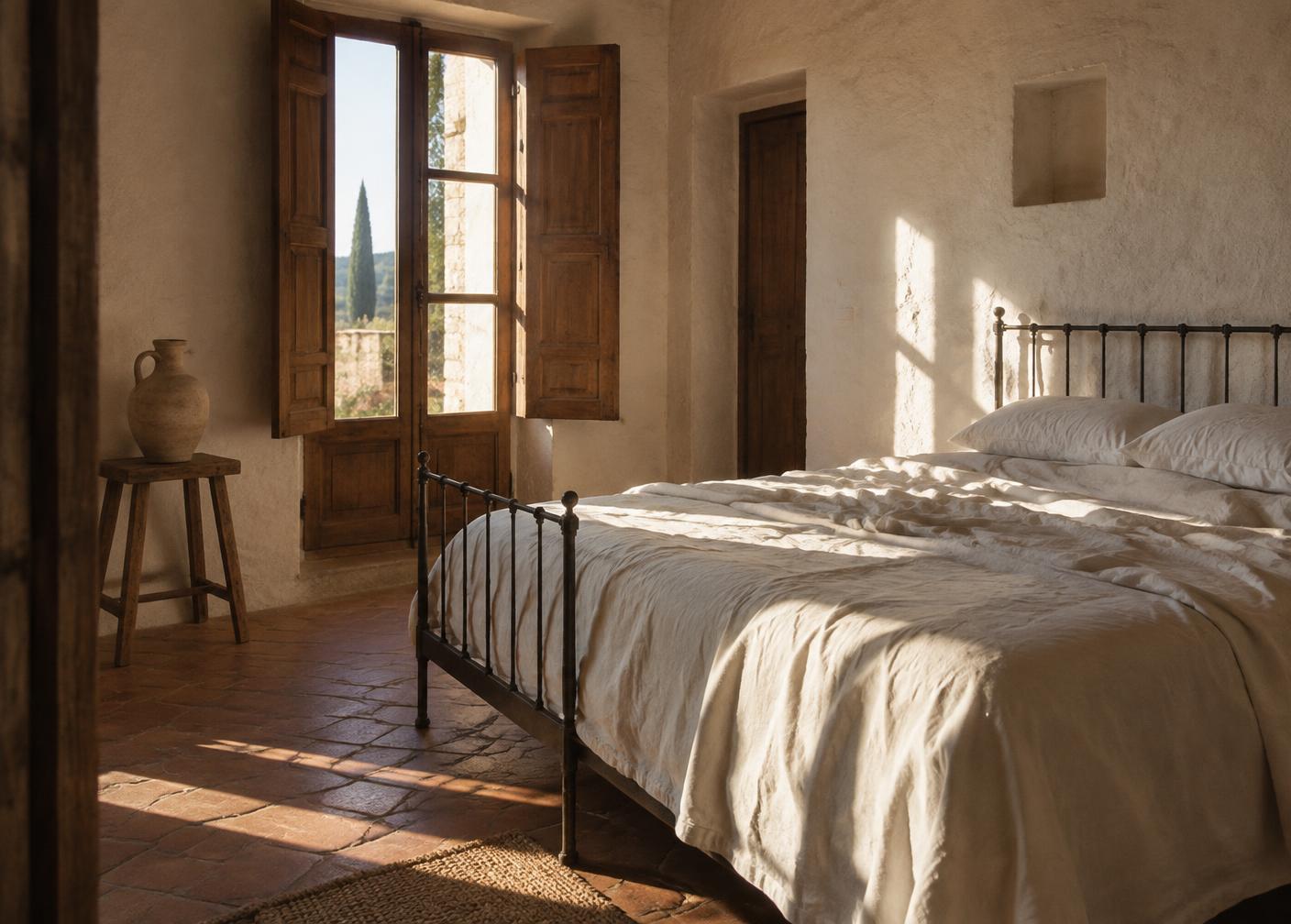 Sunlight through open shutters across white linen