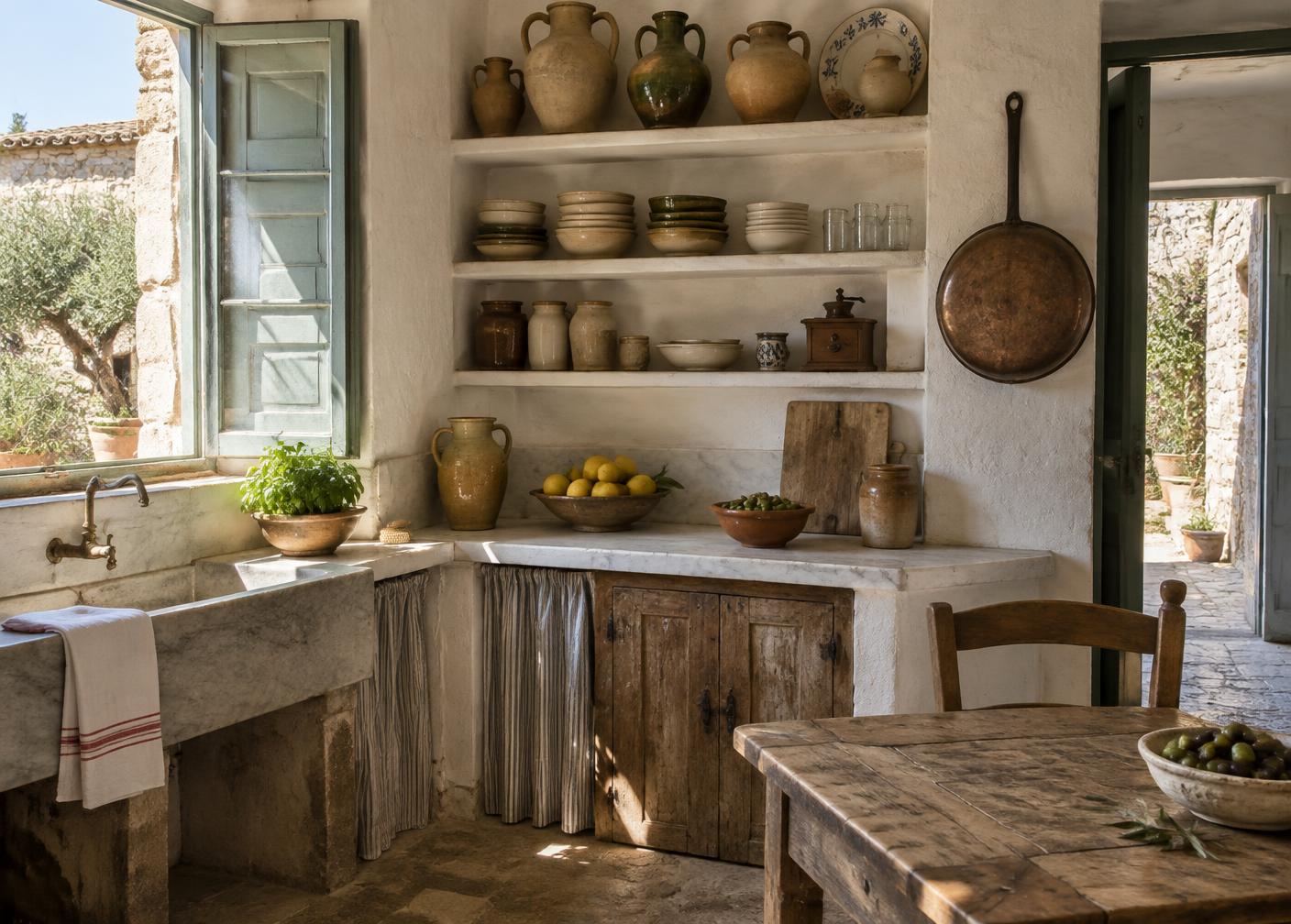 Old ceramics, lemons, and olives in the finca kitchen