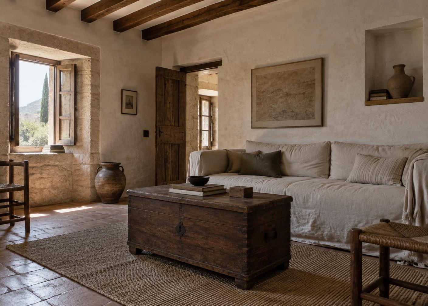 A quiet sitting room with lime plaster, chestnut beams, and linen