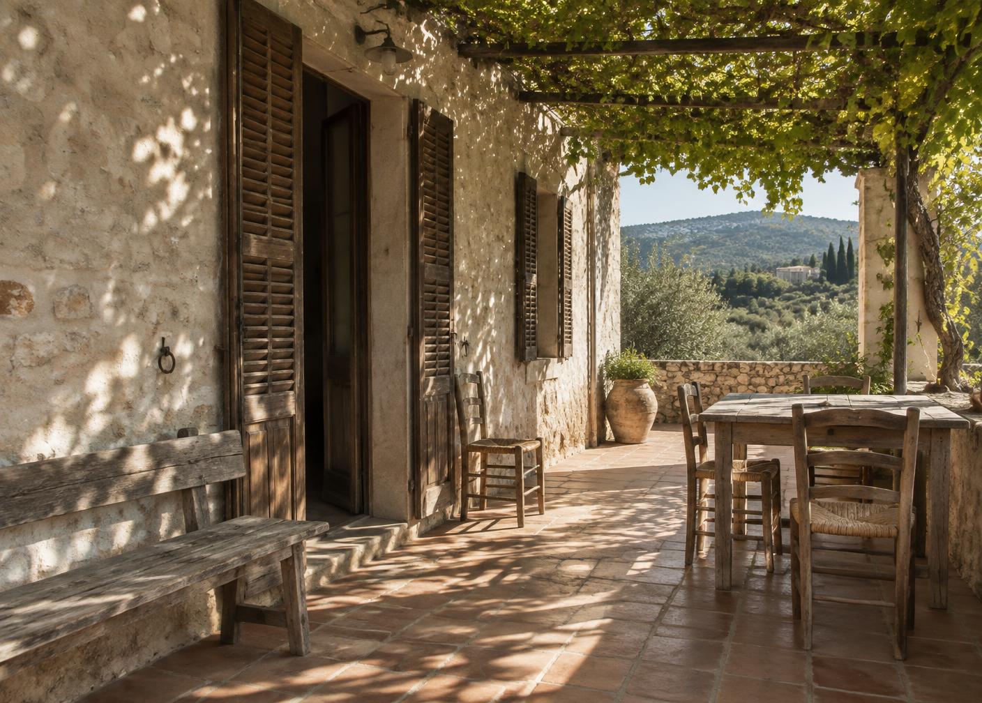 A vine-shaded terrace of terracotta and limestone
