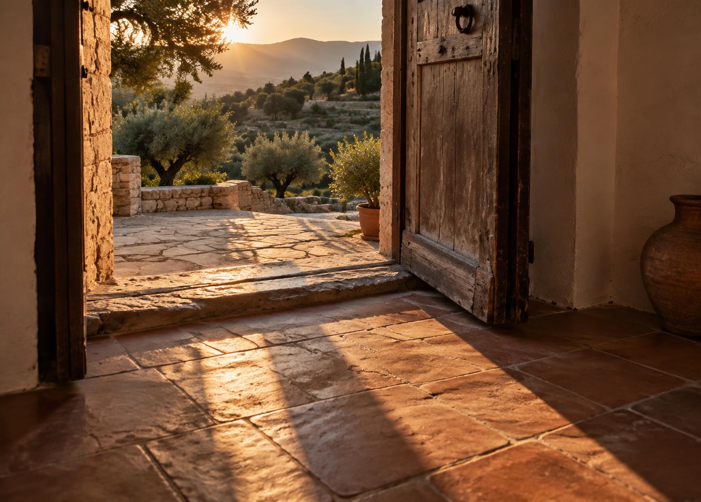 Long evening shadows across a stone threshold
