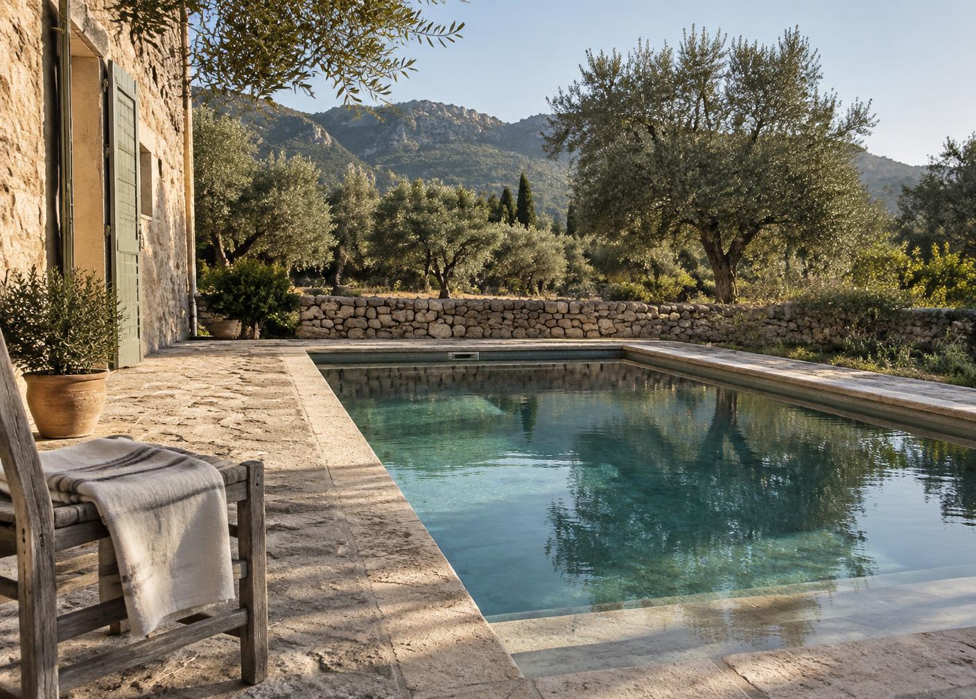 Still water at the stone-edged pool below the olive terraces