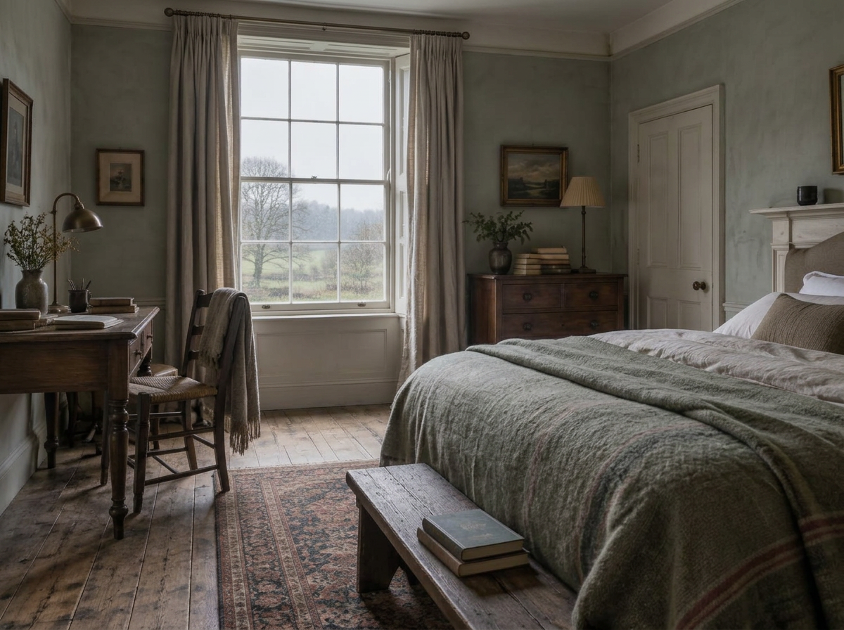 A bedroom with wool blankets, linen, an antique desk, and rain on the glass