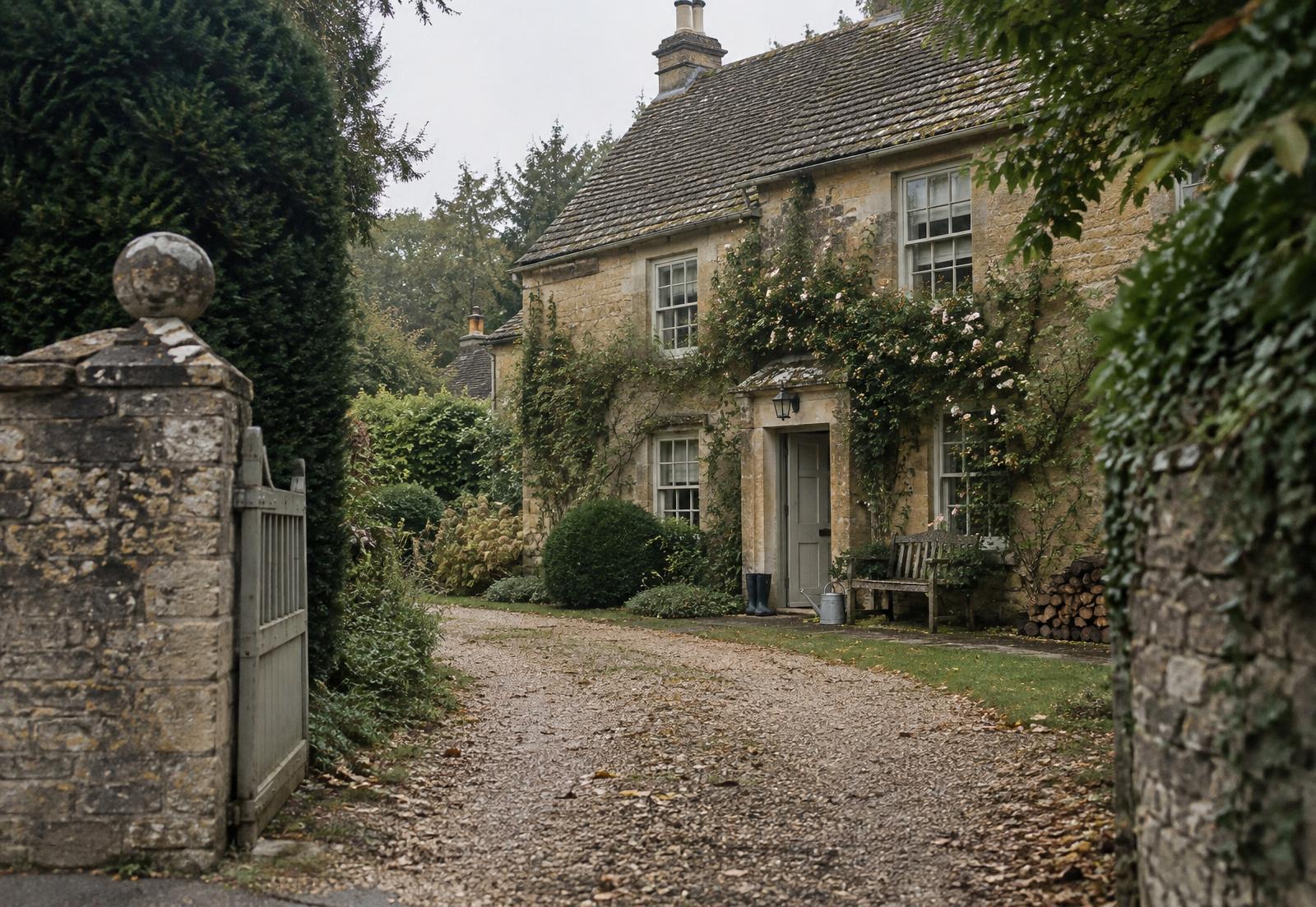 A gravel path beside clipped hedges and a mossy stone wall in soft English light