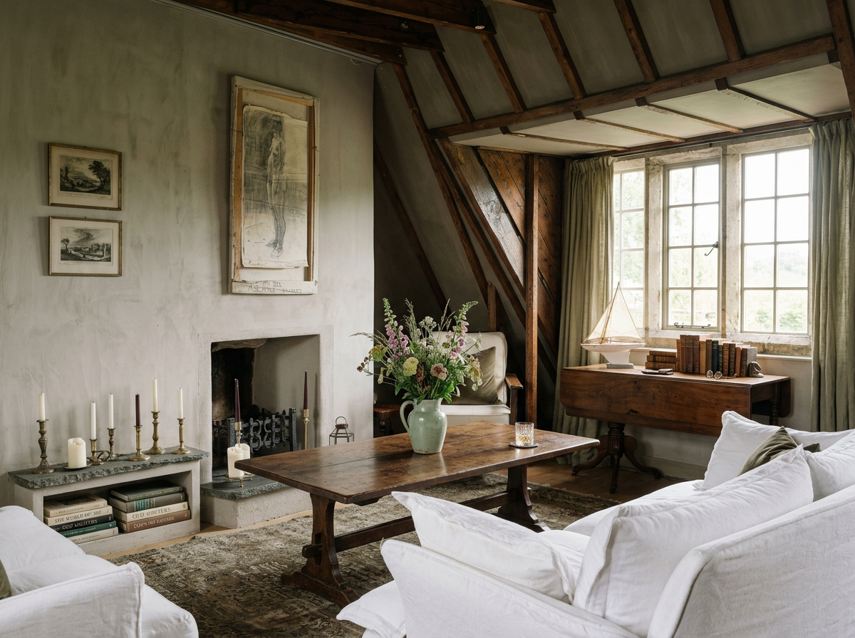 A country-house sitting room with muted upholstery, books, antique wood, and firelight