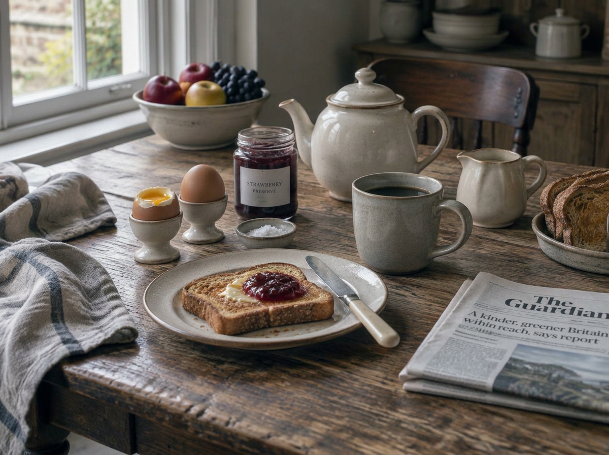 A simple English breakfast laid quietly on an old wooden table